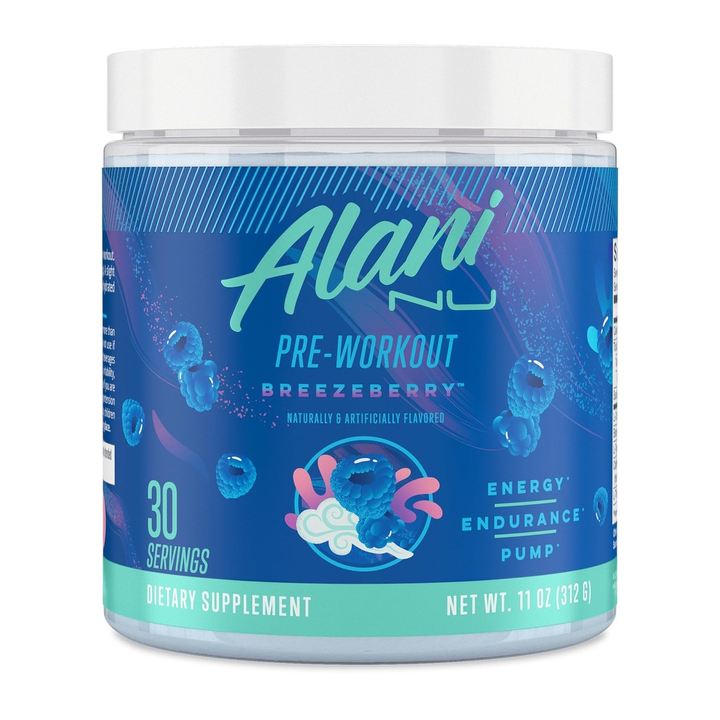Alani Nu Pre Treeout pulver BREEZEBERRY, Amino energiforsterkning, Endurance Supplement, Sukkerfri, 200 mg koffein, L-theanin, Beta-Alanin, L-Citrullin, 30 serveringer
