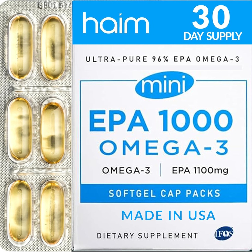 HAIM EPA1000 MINI – ren EPA Fish Oil Supplement – 1.100mg Omega-3 for hjerte, hjerne og felles helse – høy styrke, Burpless Softgels – små, lett å la kapsler – 60 Softgels – laget i USA