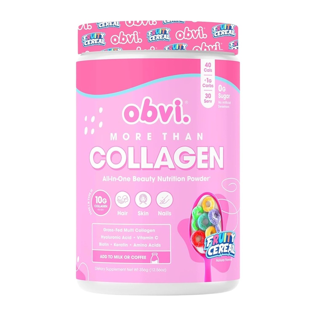 Obvi mer enn collagen pulver | støtter sunnt hår, hud, negler, ledd, Gut | Grass-Fed Multi Collagen Supplement med Hyaluronsyre, Biotin, Keratin | Fruktig cereal, 30 serveringer