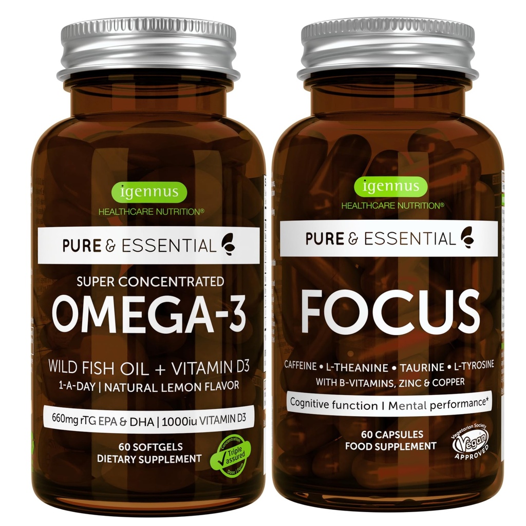 Omega-3 & vitamin D3 1000iu + Focus Brain Booster Bundle, Fast-Acting 1-a-Day EPA & DHA rTG Wild Fish Oil + Koffein, L-Theanine, Taurin & L-tyrosin, B-vitaminer, sink & kobber, av Igennus