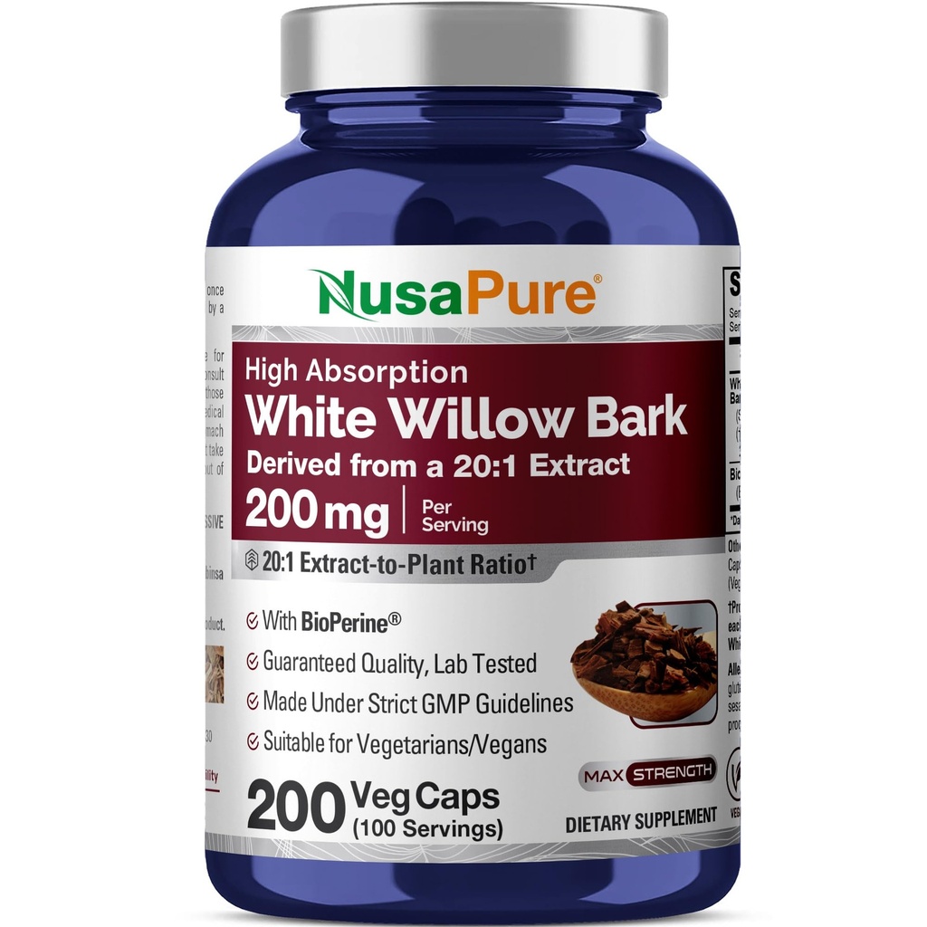 NusaPure Hvit Willow Bark 20:1 Ekstrakt, 200 mg tilsvarende 4000 mg, 200 Veggie Capsules, Max styrke, (Non-GMO, Vegan)