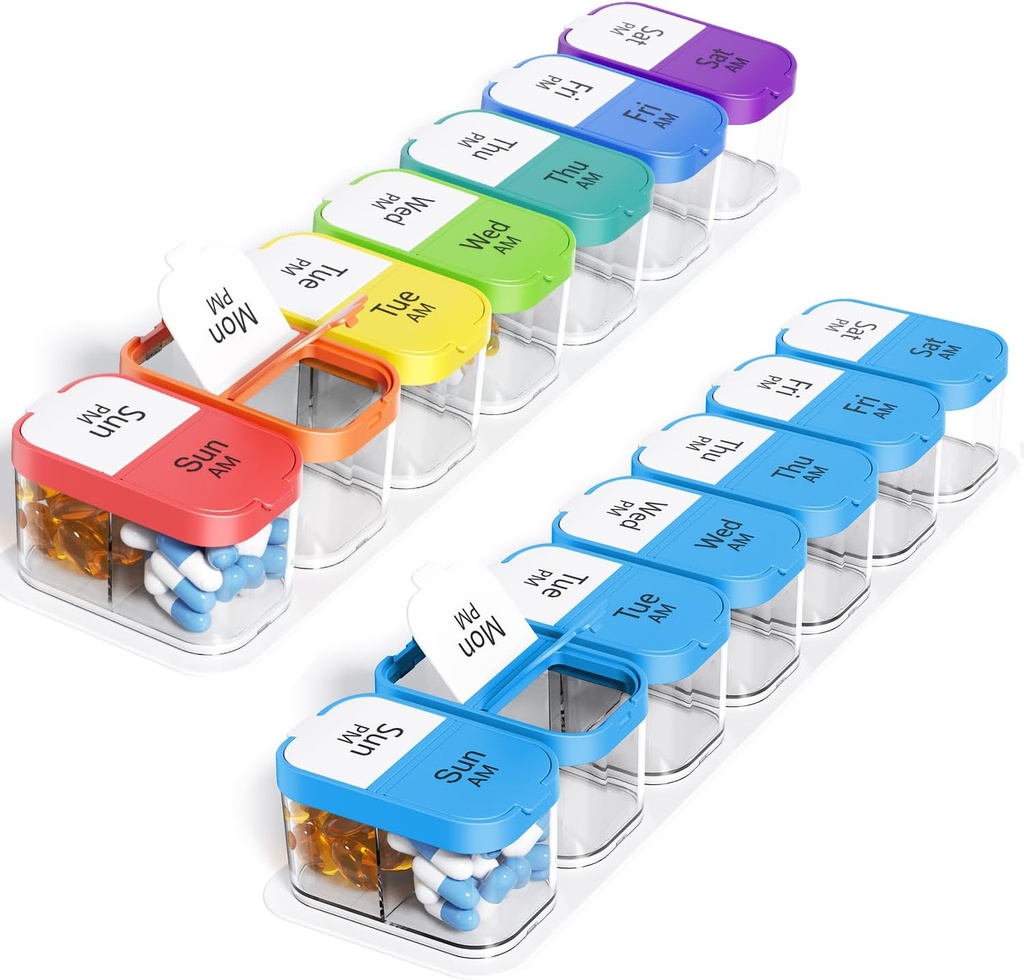 Odaro Extra Large Weekly Pille Organizer, XL Pille Box 7 Day PM, Jumbo medisinorganisator 2 ganger om dagen å holde daglig medisin, vitaminer og kosttilskudd, Rainbow & blå/hvitt (sett av to)