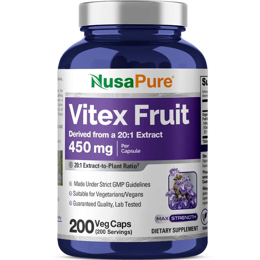 NusaPure Vitex Chasteberry Fruit 20:1 Ekstrakt, 450 mg Tilsvarende 9 000 mg 200 vegansk kapsler - Ikke-GMO, Vegansk kosttilskudd