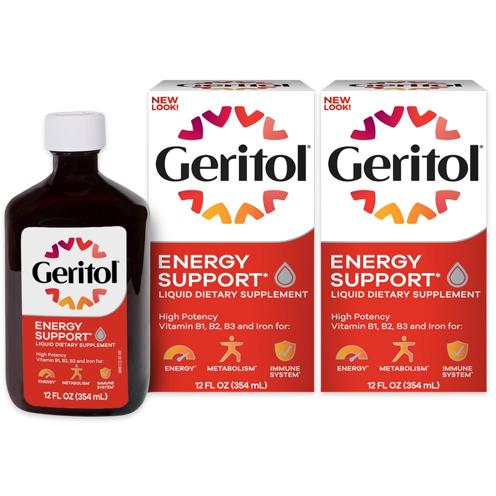 Geritol flytende vitamin og jerntilskudd, energi støtte, inneholder høy potens B-vitaminer og jern, Pleasant Tasting, lett å svelge, Ingen kunstige søtstoffer, ikke-GMO, 12 Oz, 2 pakke