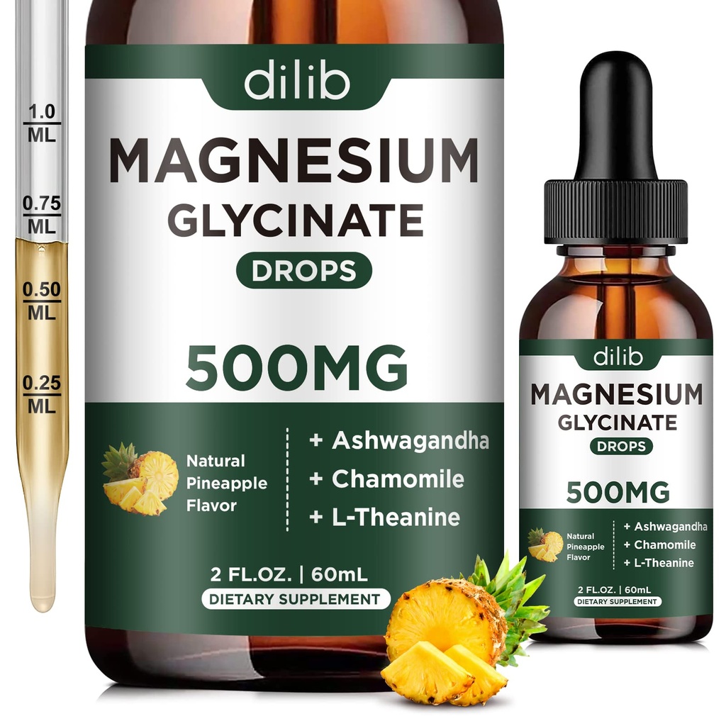 Magnesium Glycinate 500 mg - flytende magnesiumdråper, Ashwagandha, L - teanin, kamille - rolig og stress relief, avslapping, hvilefull søvn, muskel hjerte helse, vegan - 2 Fl Oz (30 dager)