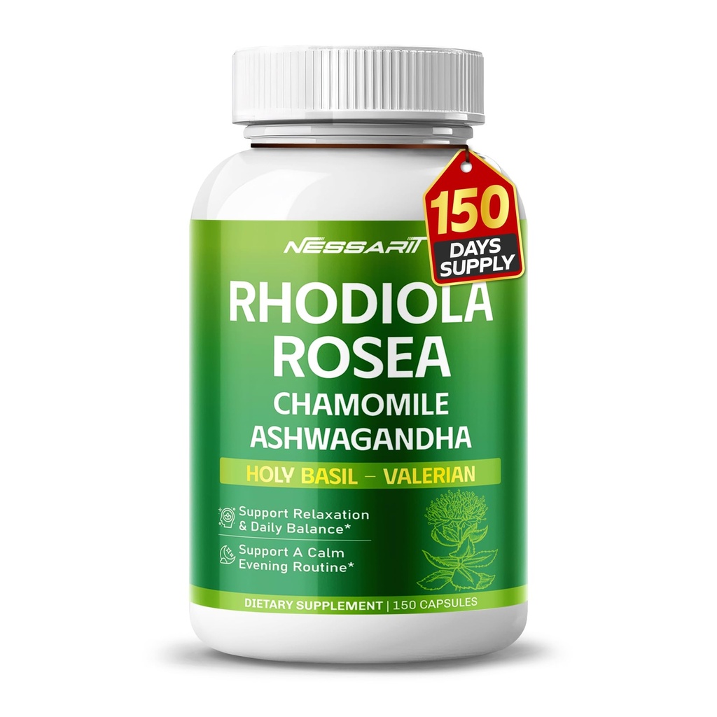 RHODIOLA ROSEA Supplement- 11-i-1 Naturlig blanding med kamille L-Theanine Ashwagandha Holy Basil Valerian Passionflower - 150 greve - laget og testet i USA