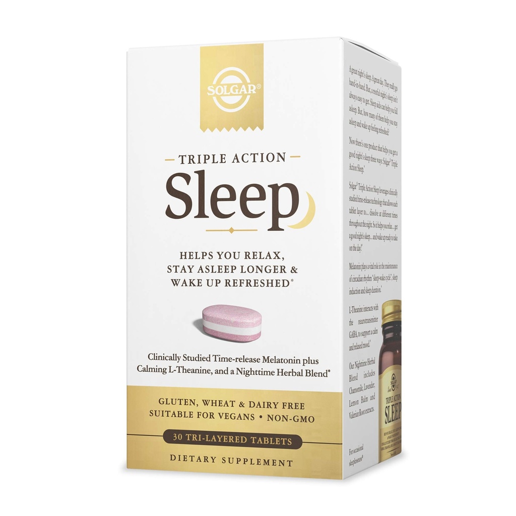 Solgar Triple Action Sleep, 30 Tri-Layer Tabletter - Tidsbevarende Melatonin & L-Theanine Plus Herbal Blend - Hjelper deg å slappe av, Falle Sove raskt og bli sovende lenger - Ikke-GMO, Glutenfri - 30 Services