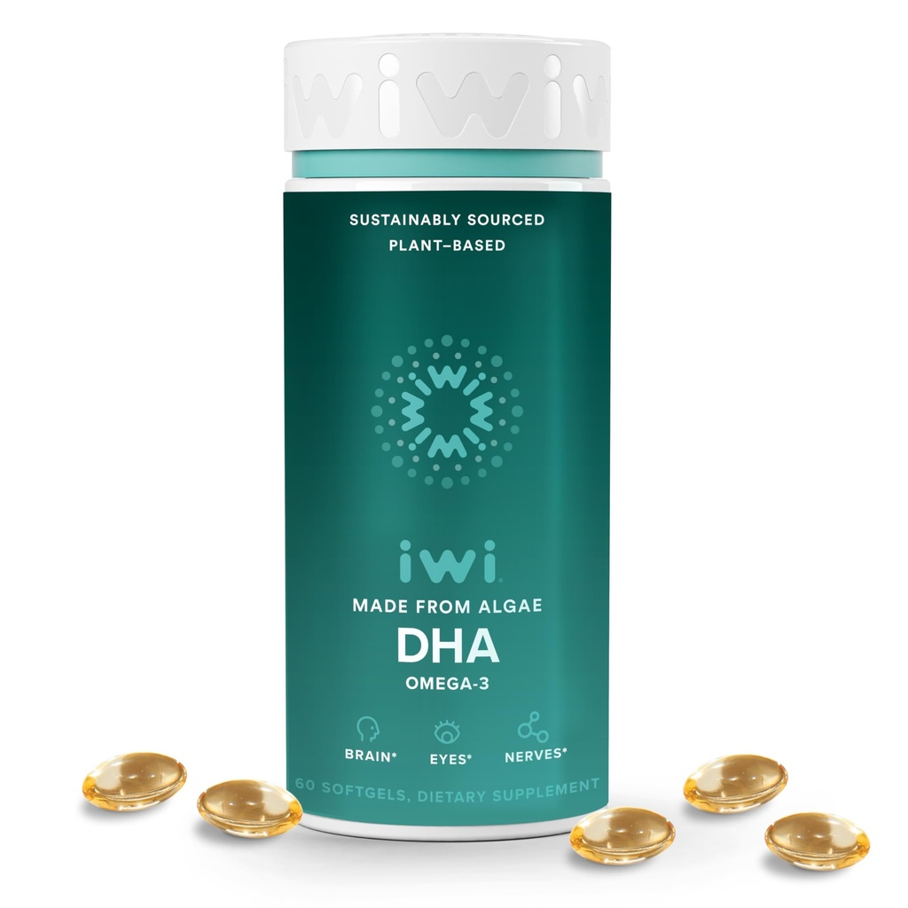 Iwi DHA Omega-3, 60 Softgels (30 serveringer), plantebasert Algae Omega 3, hjerne, øyne og nervesystem støtte kosttilskudd, krill og fiskeolje alternativ, ingen fiskig ettersmak