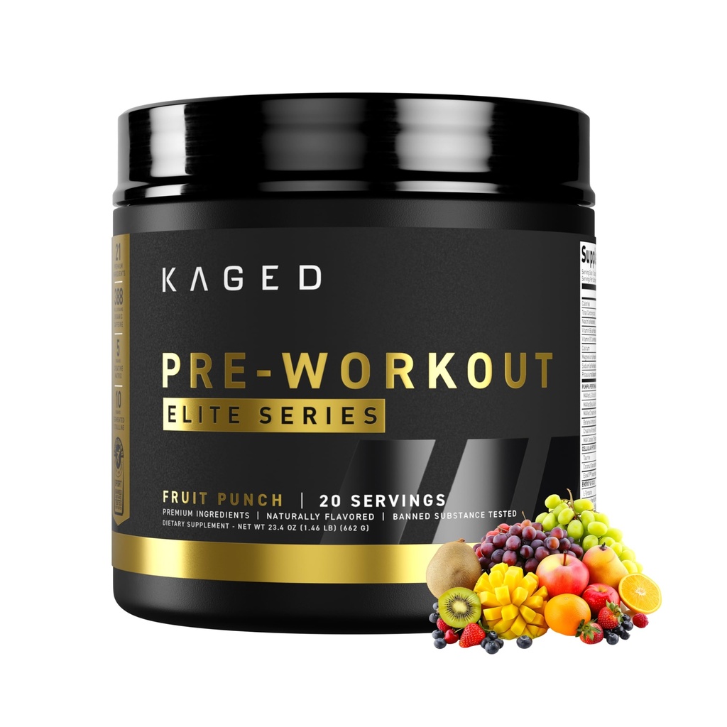 Kraged pre trening Elite pulver | Frukt Punch | Pre-Workout med kreatin, Beta alinine, L-Citrulline, BCAA | 388 mg økologisk kaffe | Pre-tilskudd for menn og kvinner | 20 Serveringer