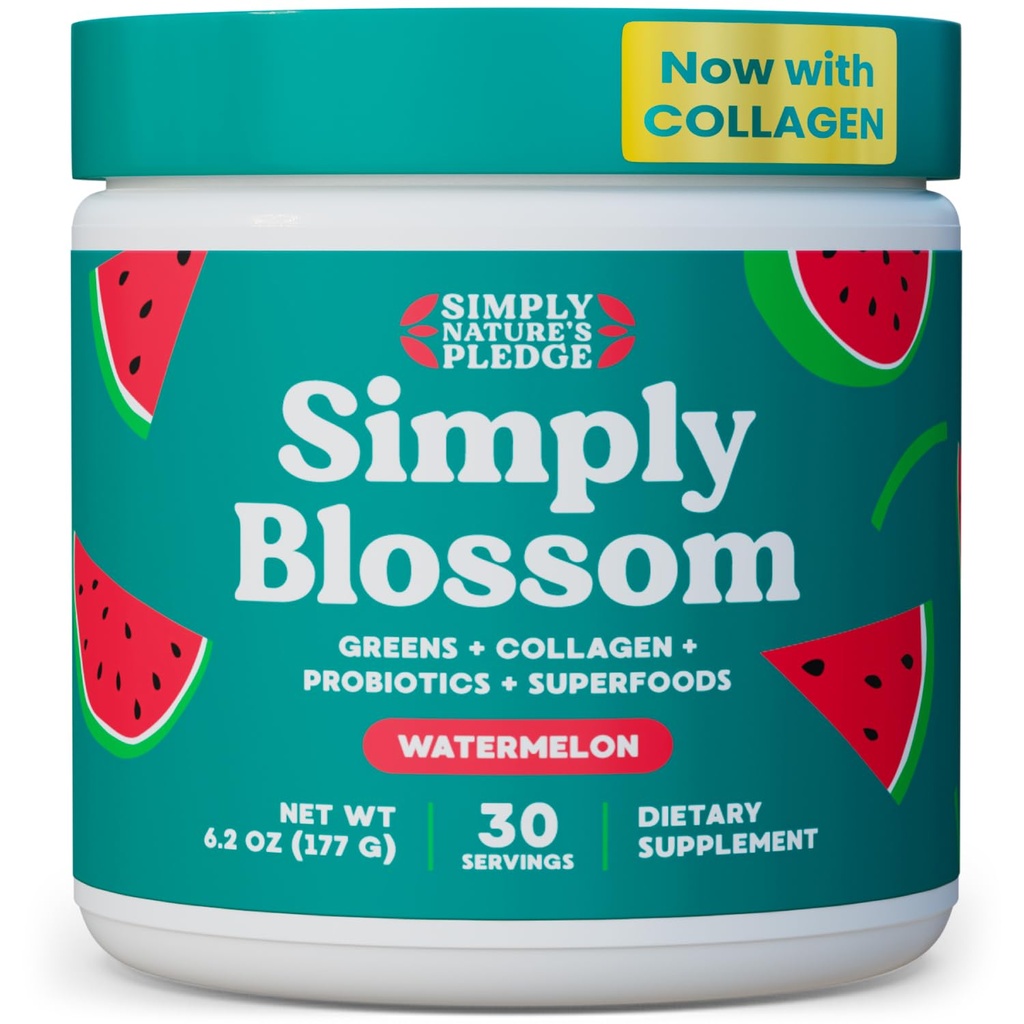 Bare Blossom Nutrition Daily Greens & Superfood Powder + Collagen + Probiotika for kvinners digestive helse og lindring relief. Hjelp din helse Bloom - 30 dagers forsyning - Watermelon
