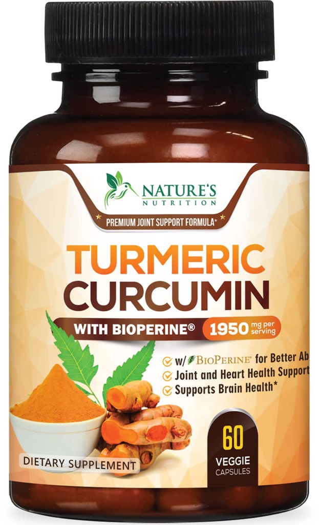 Turmeric Curcumin Supplement 1950mg - 95% Curcuminoids med organisk gurkemeie og BioPerine Black Pepper Extract for beste absorpsjon, Naturens Vegan felles støtte, ikke-GMO, flaske i USA - 60 kapsler