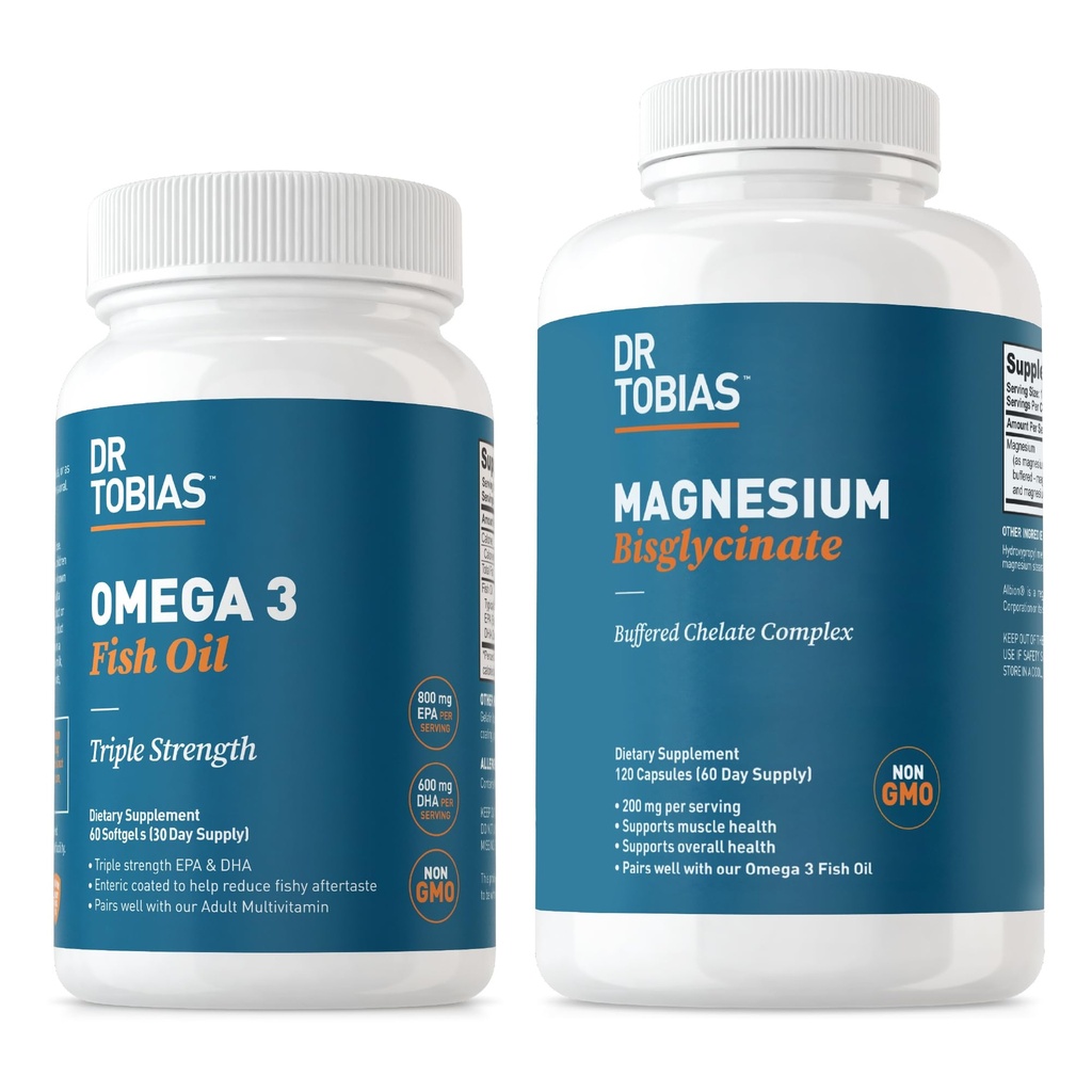 Dr. Tobias Omega 3 Fiskeolje & Magnesium Bisglykinat kosttilskudd, høy absorpsjon, støtter hjerte, hjerne, immune, energi, muskel, bein og felles helse, ikke-GMO