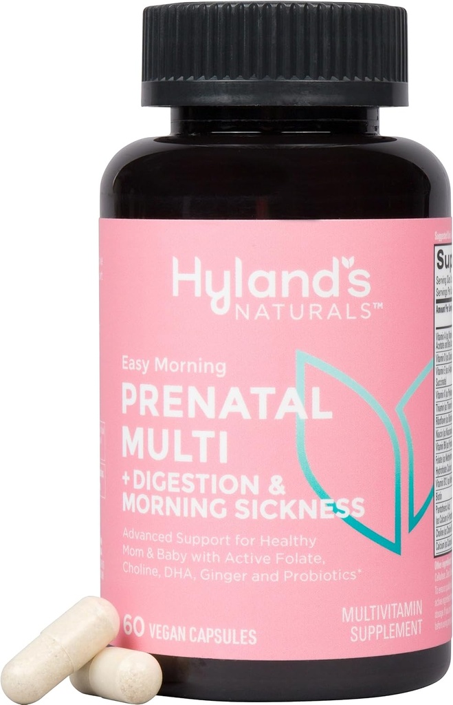 Hylands enkle morgenprenatal flervitamin og digestiv helse og morgen sykelighet relief, 60 veganske kapsler med folat, kolin, sink, gingerrot, prebiotika og algae DHA