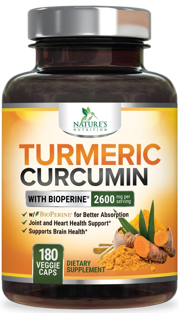 Turmeric Curcumin Supplement 2600mg - 95% Curcuminoids med organisk gurkemeie og BioPerine Black Pepper ekstrakt for beste absorpsjon, naturlig vegansk felles støtte, ikke-GMO, flaske i USA - 180 kapsler