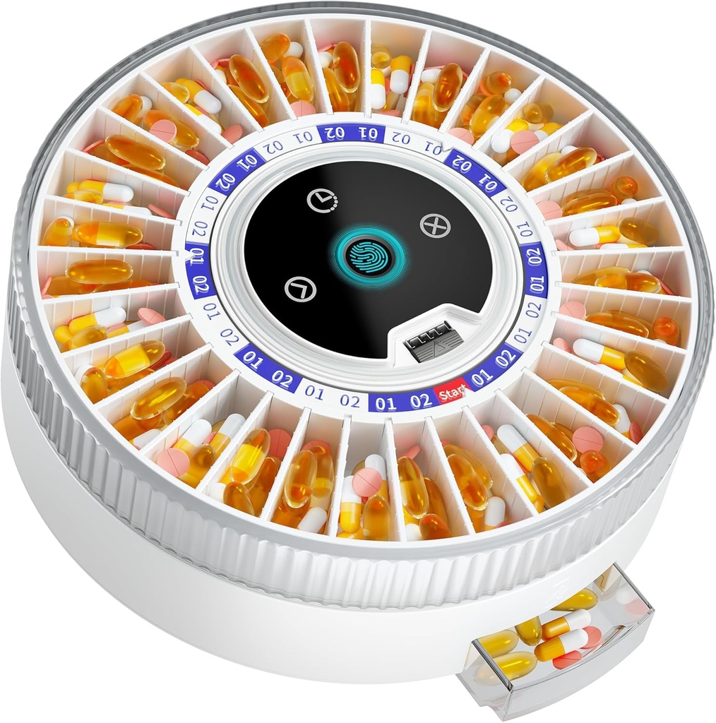 Windtrace® Bluetooth Automatic Pill Dispenser for eldre med alarm, Smart Pill Dispenser med 31-Slot, Fingeravtrykk og Mekanisk Dual Lock Medication Dispenser, Tidlagt Dispenser Machine for eldre