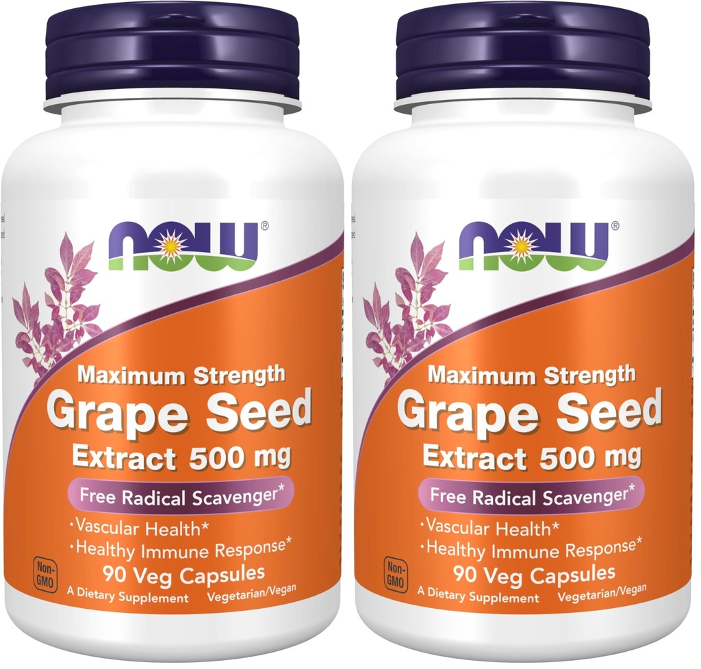 NÅ Supplementer, Grape Seed Extract, Maksimal styrke 500 mg (en høy konsentrert ekstrakt med et minimum på 90% polyfenoler), 90 Veg Kapsler, Rød/Brown, 0,25 pounds (pakke på 2)