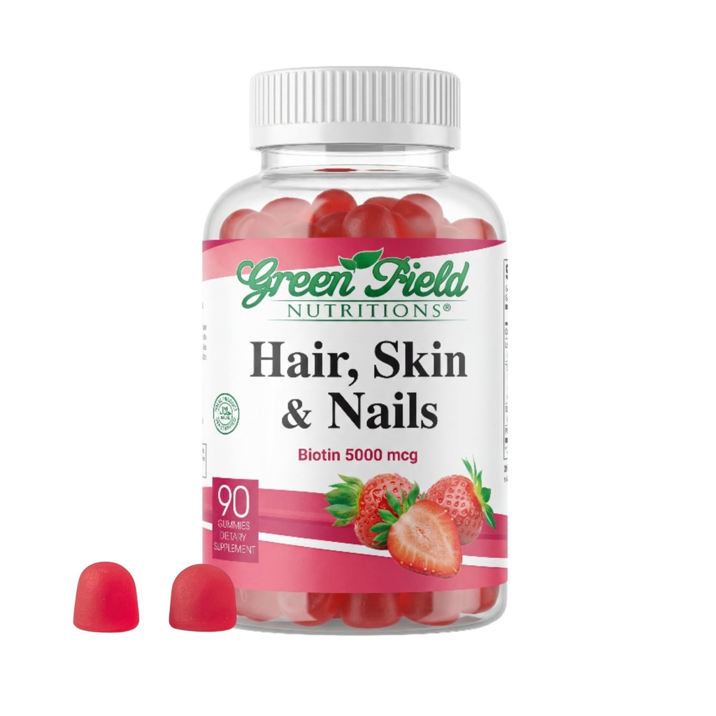 Greenfield Nutritions - Halal Biotin Gummies Vitamin for hår, hud og negler, støtter fettmetabolisme, hårvekst, sterke negler og ren hud, gelatinfri, ikke-GMO, og glutenfri - 90 gummier