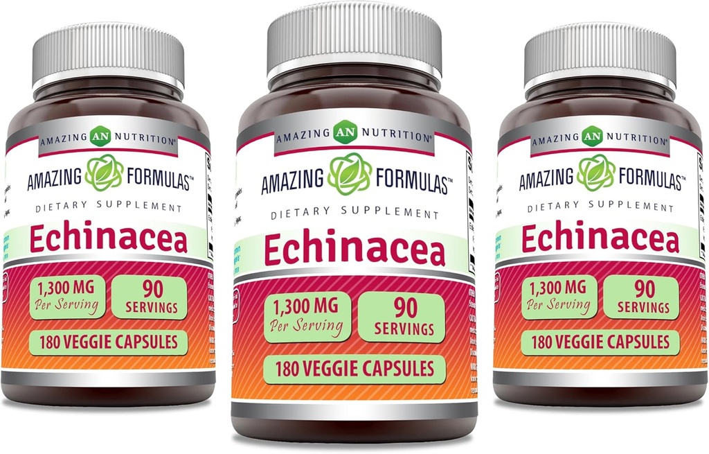 Amazing Formler Echinacea | 1300 Mg | Veggie Capsules Supplement | Ikke-GMO | Glutenfri | laget i USA (3 Pack | 180 greve)