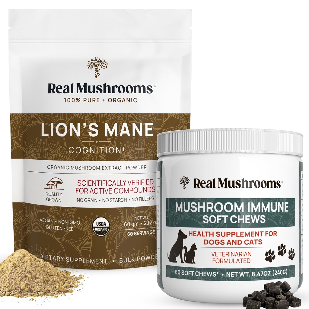Ekte Mushrooms Lions Mane pulver for mennesker (60g) & Mushroom Immune Pet Chews (60ct) - Bundle for kognisjon og immunitet - Ashwagandha, Astragalus og mer - Vegan, ikke-GMO, Glutenfri, Kornfri