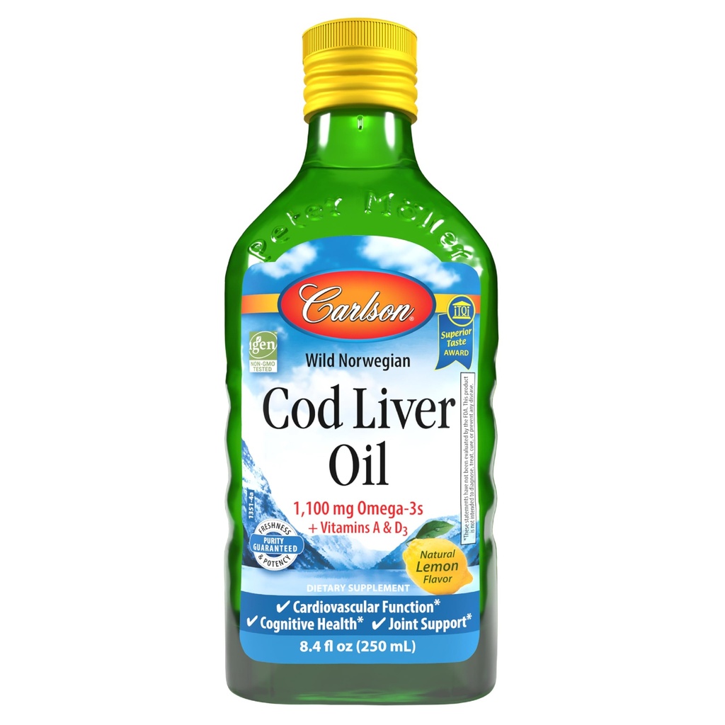 Carlson - Cod Liver Oil, 1100 mg Omega-3s, Liquid Fish Oil Supplement, Wild-Caught Norsk Arktis, Sustainablely Sourced Nordic Liquid, Lemon, 250 ml