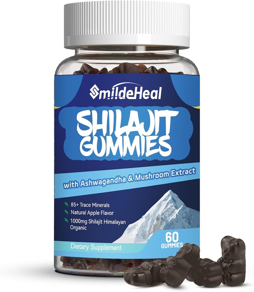 Shilajit Gummies 1000 MG, Organic Shilajit Supplement, 85 + Trace Minerals, med Ashwagandha, Mushroom - Energi, hjerne, immunitetsstøtte, for menn og kvinner - 60 Count