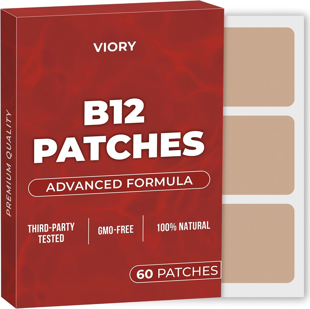 VIORY B12 Patches (pakke på 60) - 100% naturlig patch for kvinner og menn - Firming, energi, fokus og kroppsstøtte - Forbedret formel