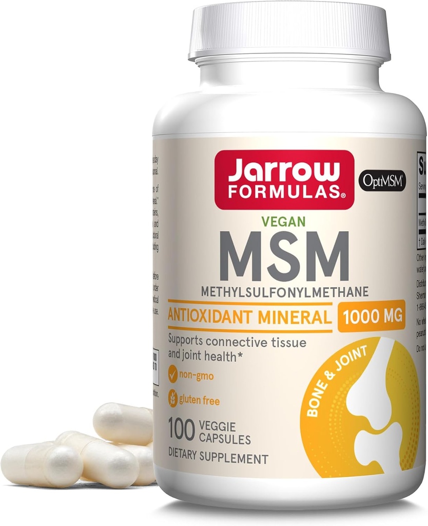 Jarrow Formulas MSM 1000 mg - 100 Veggie Capsules - Metylsulfonylmetan - Kilde til svovel - Diett Supplement Støtter og styrker Joints - Opp til 100 Serveringer