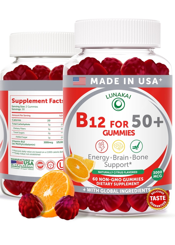 Lunakai USA laget vitamin B12 Gummies for voksne 50+, ikke-GMO B12 for energi og vitalitet Boost, Delicious Orange Flavor, 60ct