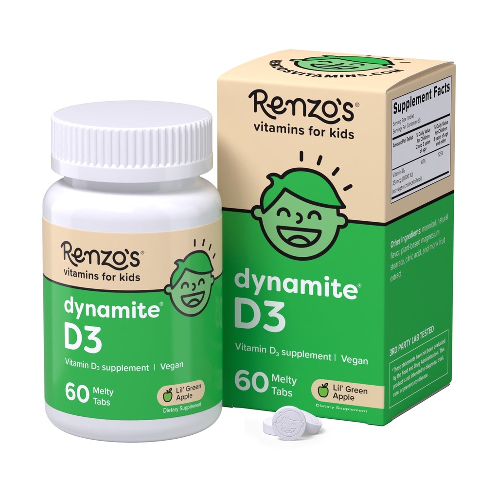 Renzo's Dynamit Vitamin D3, Oppløsende barn vitamin D3, 60 sukkerfrie smeltende faner, Lil 'grønn Apple Flavored