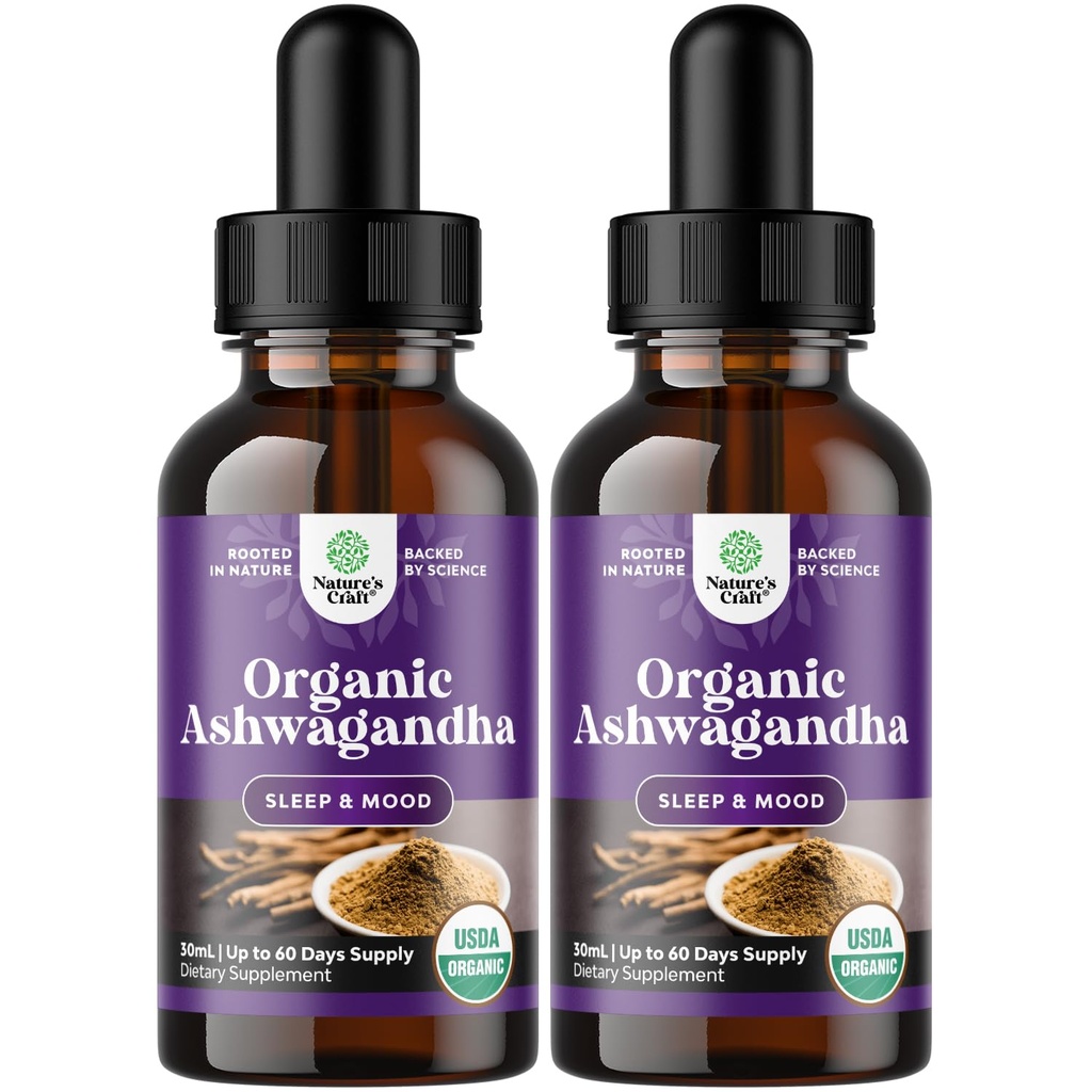 Natures Craft USDA Organic Ashwagandha flytende dråper - flytende Ashwagandha Root Extract for stress og mood Support - Tastig adaptogen Tinktur Ikke GMO Vegan Gluten alkohol og sukker gratis (2 Pack)