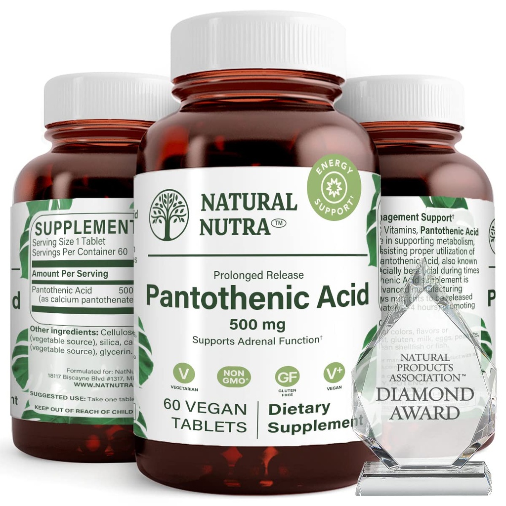 Naturlig Nutra Time Release Pantotenic Acid 500 mg, vitamin B5 Supplement hjelper til å bryte ned fett og karbohydrater, metabolisme og energi, forbedre muskel helse, redusere hudflekker, 60 vegetariske tabletter