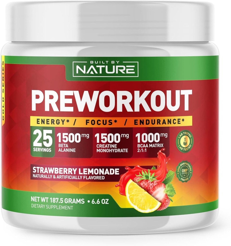 Bygget av Nature Pre Workout pulver med Beta Alanine, Kreatin Monohydrat, BCAA, L Citrulline, L Arginine og Koffein - Jordbær Lemonade Flavor - 25 Serveringer