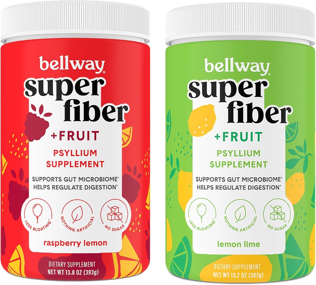 Bellway Super Fiber pulver + frukt, sukkerfri organisk Psyllium Husk pulverfiber Supplement for regelmessighet, bloating relief & Gut helse, ikke-GMO, Plantebasert, bringebær sitron og sitron lime