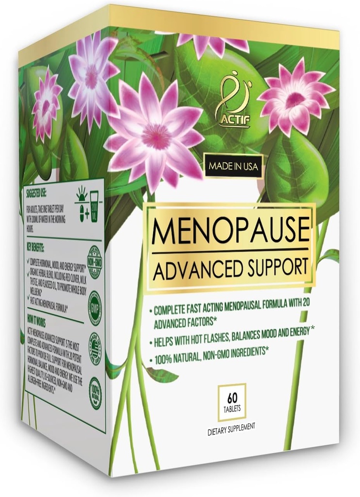 Actif Menopause Advanced Support med 20+ organiske vitaminer og urter - lindrer varme blitser, nattsweats - Ikke GMO, hurtigvirkende, laget i USA, 60 greve