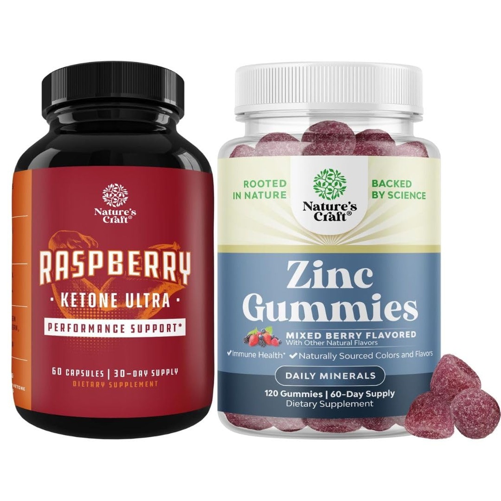 Bundle av bringebær ketoner, grønn te ekstrakt & afrikansk mango blanding og ekstra styrke sink gummier for voksne - Potent ingredienser til å øke vekttap, gluten og gelatin gratis