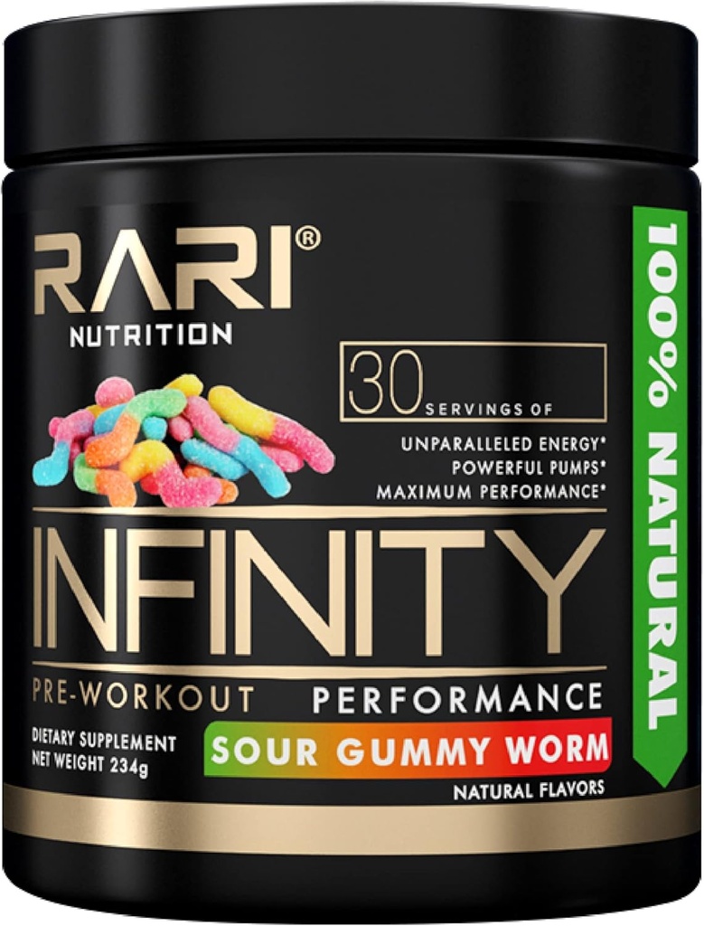 INFINITY - 100% naturlig preworkout pulver for energi, fokus og ytelse - menn og kvinner - Vegansk og ketovennlig - Ingen kreatin - 30 serveringer (Sour Gummy Worm)