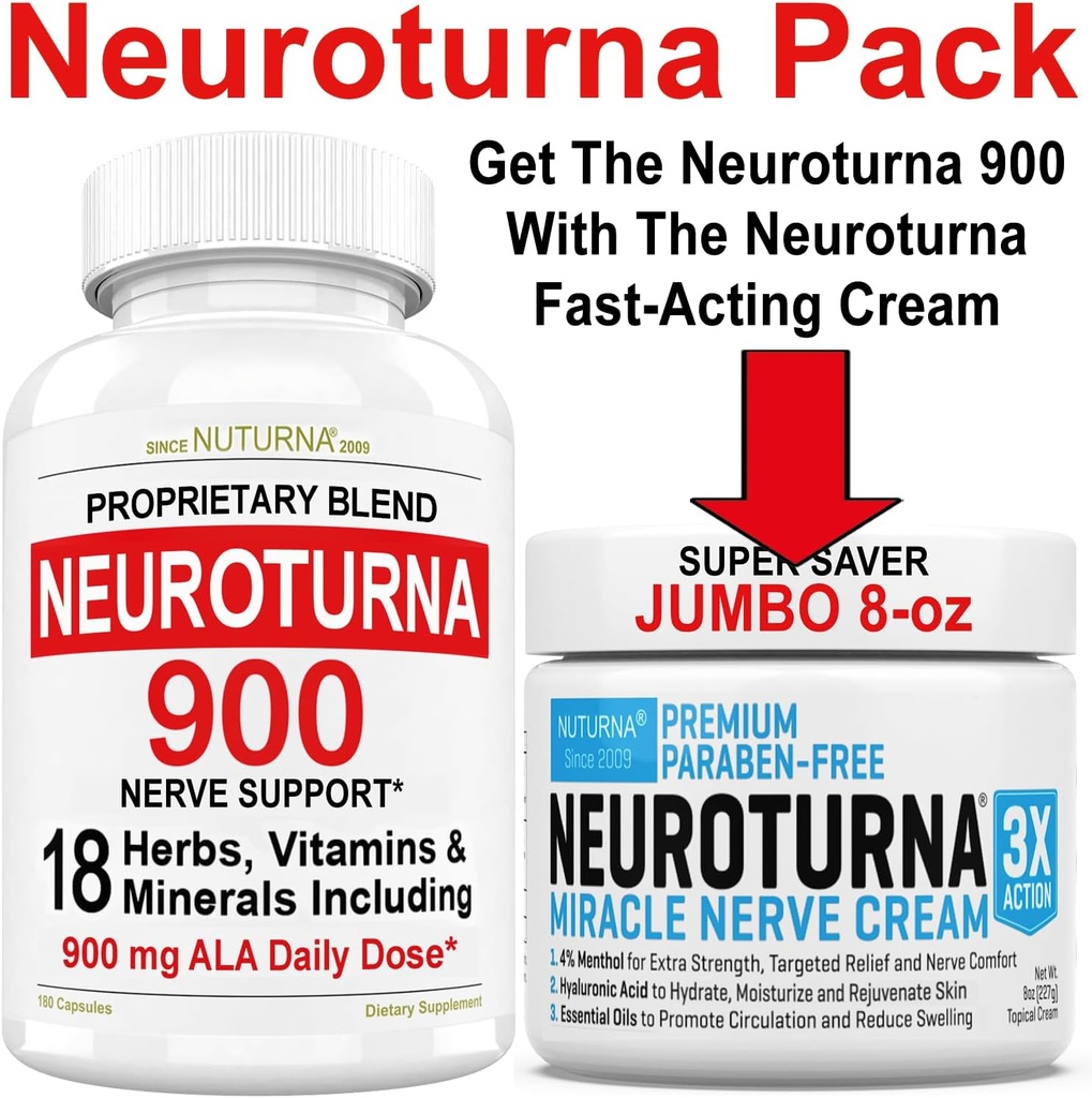 Nerve Relief Cream 8 oz Plus Neuraturna Nerve Støtte 900 mg ALA Støtte