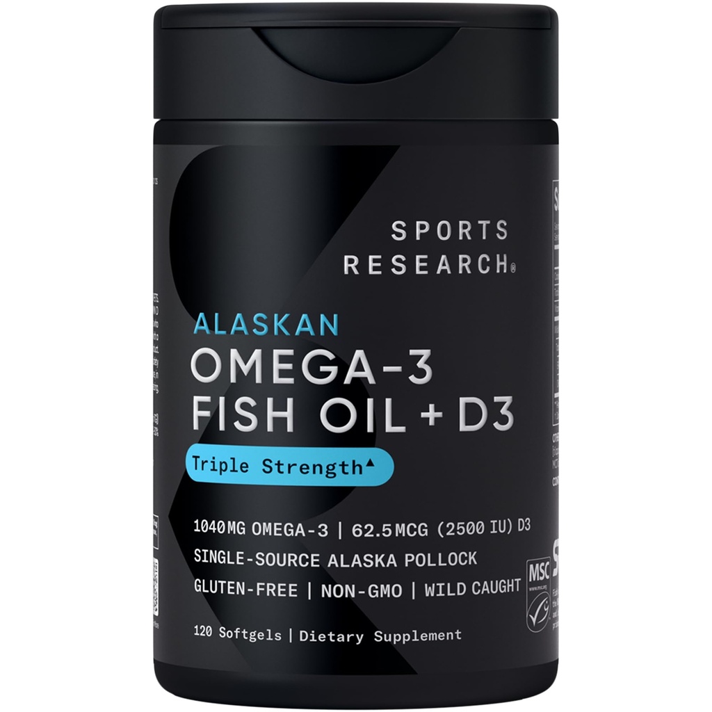 Sports Research® Alaskan Omega-3 Fish Oil 1040mg + vitamin D3 2500iu - Støtter hjerne og hjerte helse - MSC-sertifisert bærekraftig · Wild-Caught · Ikke-GMO · Triglycerid Form - 120 Count Softgels