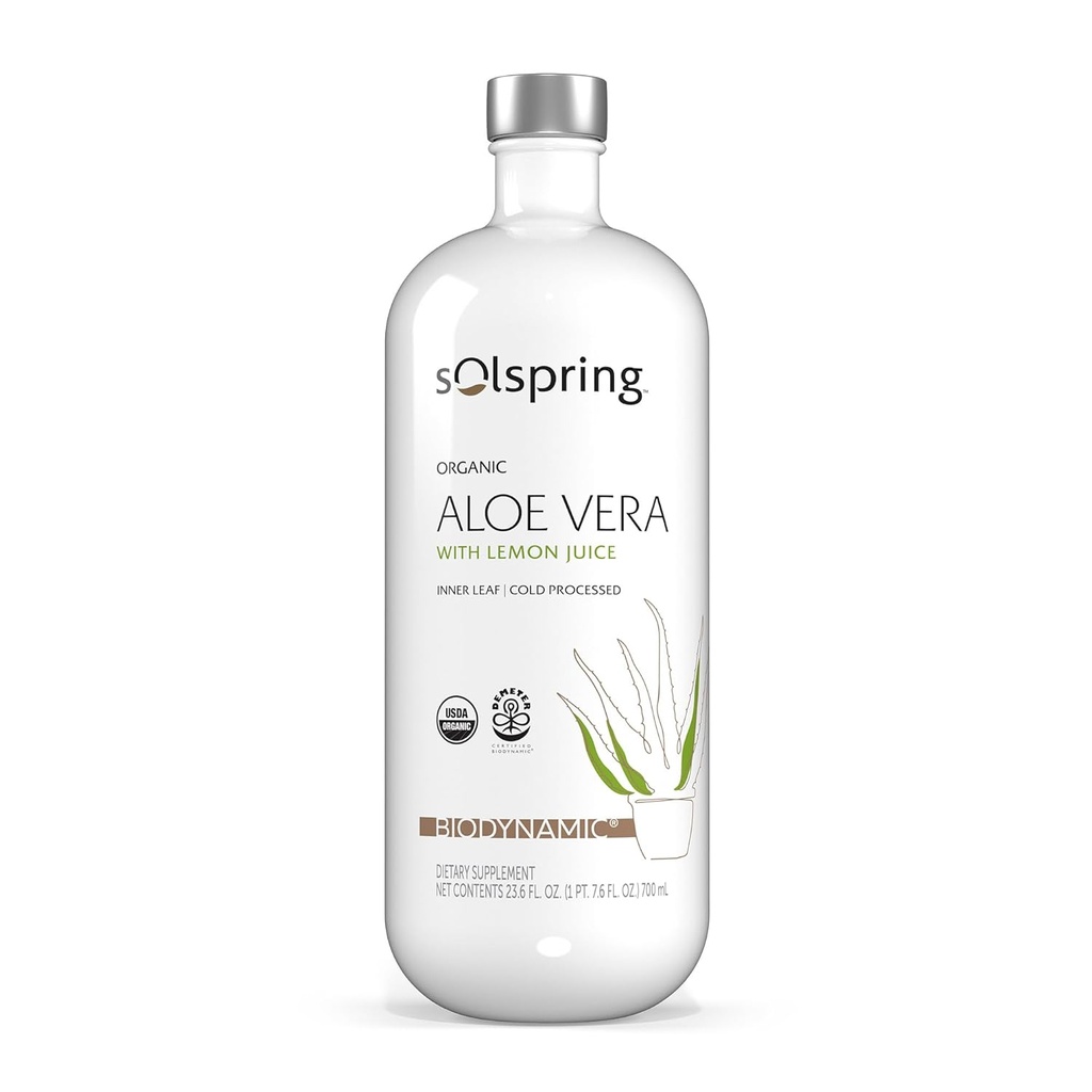 Solspring Biodynamisk Organic Aloe Vera Juice med sitron, 23.6 Fl. Oz. (700 ml), Unpasteurized, Certifisert USDA Organic, Regenerativ, Ikke-GMO, Glutenfri, Soja Free, Dr. Mercola