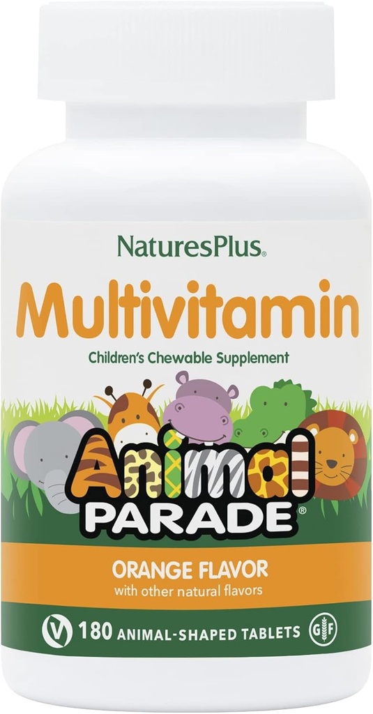 Natures Plus Animal Parade Barne Chewable Multivitamin - Orange Flavor - 180 Animal-Shaped Tabletter - Fremmer helse og velvære - Vegetarisk, Glutenfri - 90 Serveringer