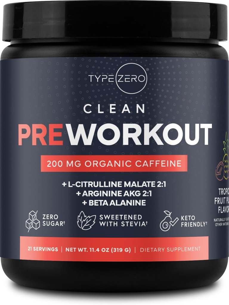Type Zero Clean Pre Workout (11,3 oz, Fruit Punch) + Beet Root + L-Arginine + L-Citrulline, 2G Arginine, L-Citrulline Malate, Beta A, Sukkerfri, Organisk Koffein Preworkout for menn og kvinner