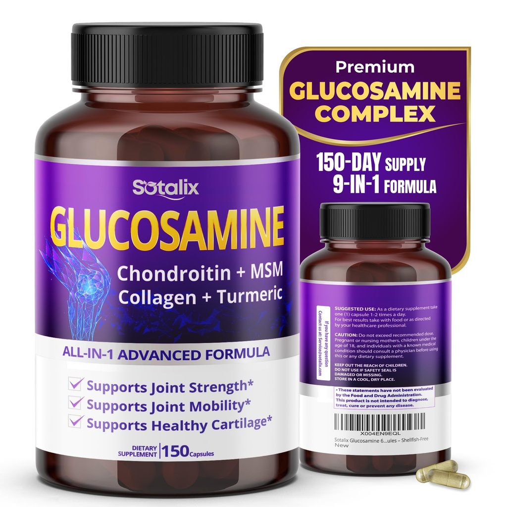 Sotalix Glukosamin 650mg – Alt-i-1 felles støtte med Chondroitin, MSM, Collage, Turmeric, vitamin D3 & Hyaluronsyre – 150 kapsler – Shellfish-Free – laget i USA