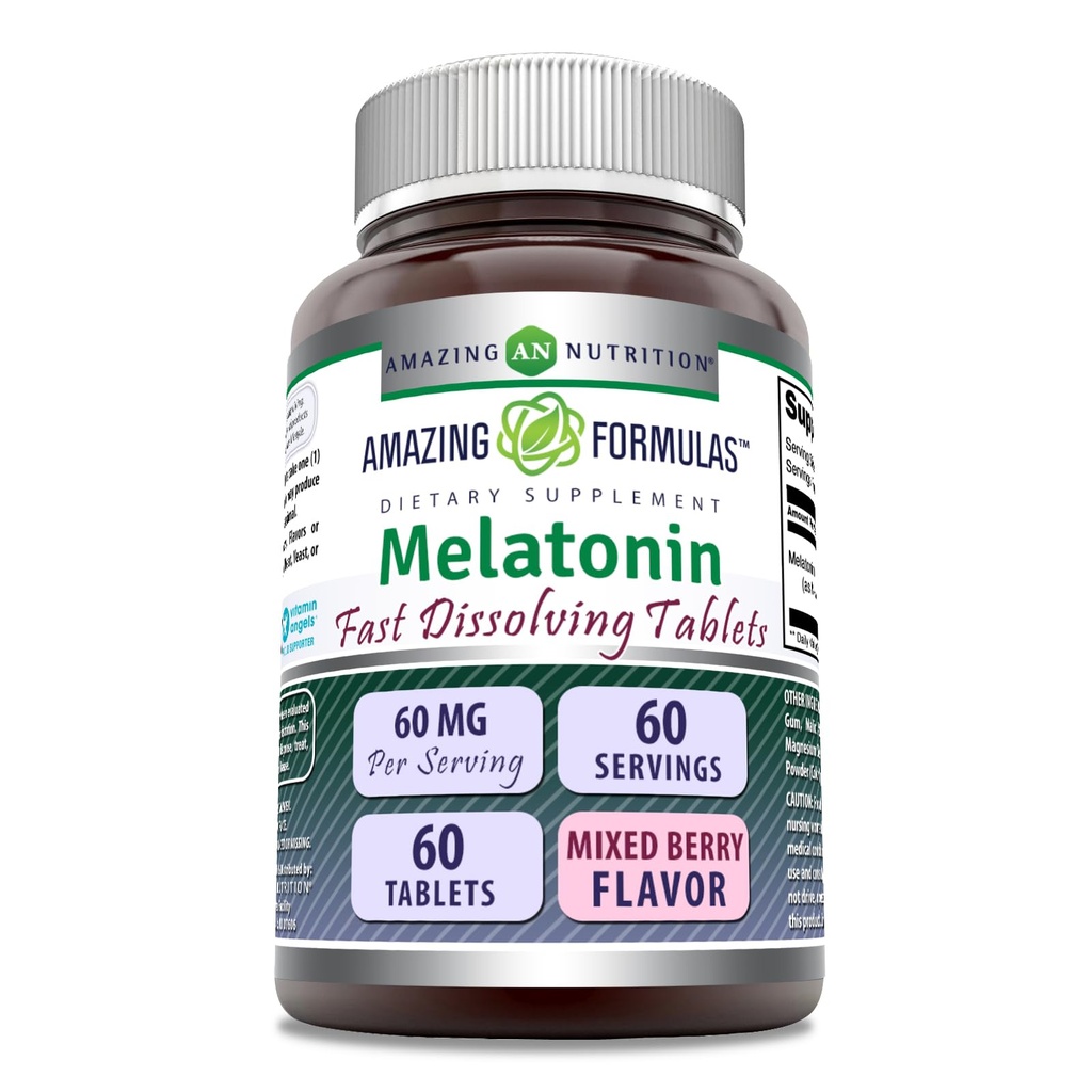 Amazing Formler Melatonin Fast Oppløselige Supplement | 60 Mg per Serving | Blandet Berry Flavor | 60 Tabletter Ikke-GMO | Glutenfri | laget i USA