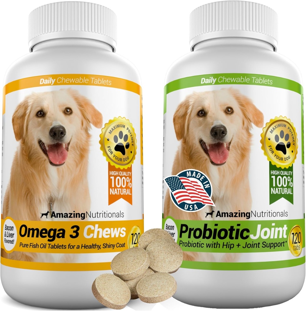 Amazing Combo Omega-3 Fish Oil og Probiotika for hunder - ren all-naturlig kjæledyr antioksidant - fremmer skinnende Coat, Hjernehelse, Eliminerer diarré Gas og leddsmerter, 120 Tasty Chews x 2