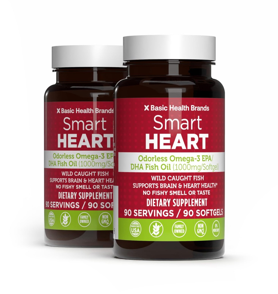 Grunnleggende merker Smart Heart Odorless Omega-3 Fish Oil 1000mg - Triple Styrke EPA & DHA, Ikke-GMO, hjerte og kognitiv støtte - 90 Burpless Softgels - 2-Pack