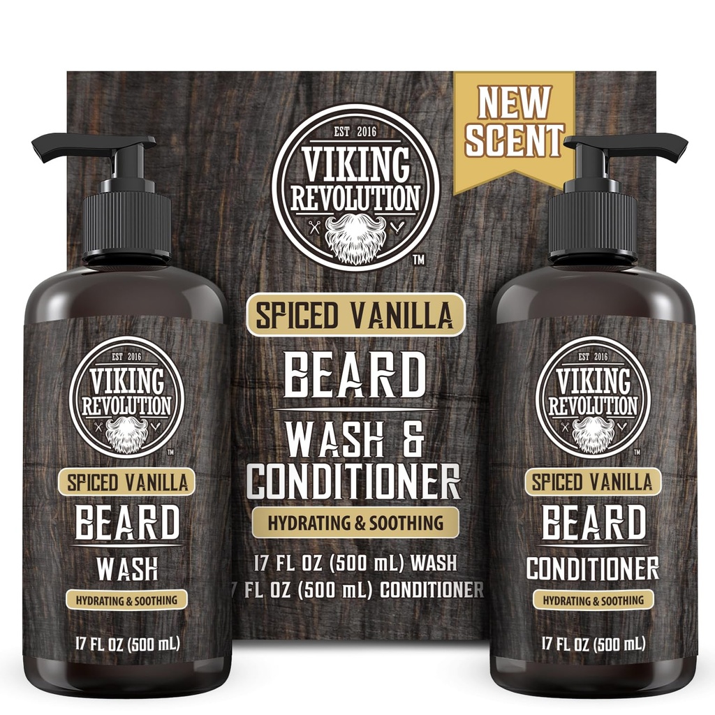 Vikingrevolusjon Skjeggvask og Skjeggkonditionering for menn med Argan Olje og Jojoba Olje - Beard Softener og styrke Beard Care Beard Shampoo og balsam med Beard Oil (17oz Spiced Vanilla)