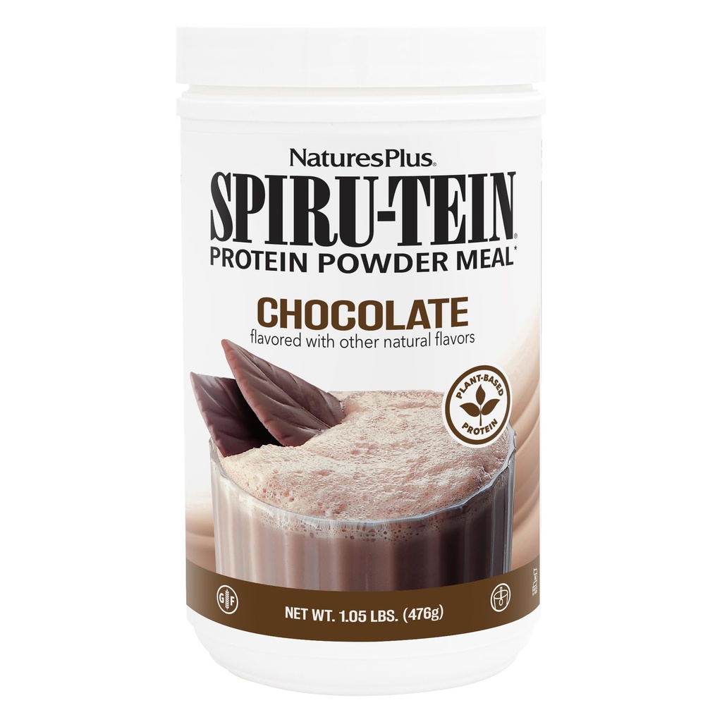 Natures Plus SPIRU-TEIN, sjokolade - 1.05 lb - Plantebasert proteinshake - Ikke-GMO, Vegetarisk, Glutenfri - 17 Total Services