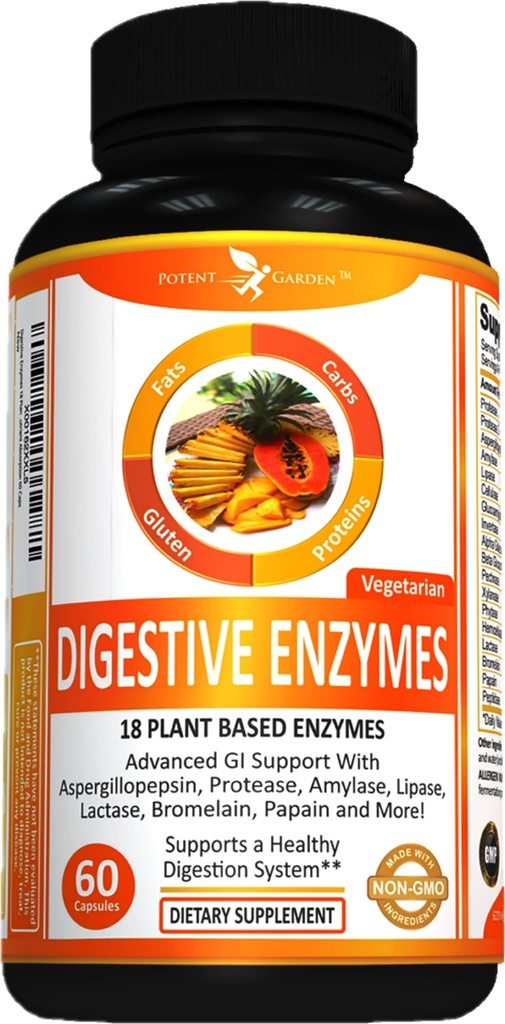 Potent Garden Digestive Enzymer -18 Plante Basert Enzymer med amylase lipase bromelain Protease Lactase og andre Enzymer - En pre-måltid piller støtter sunn digestion og næring absorpsjon 60 Caps