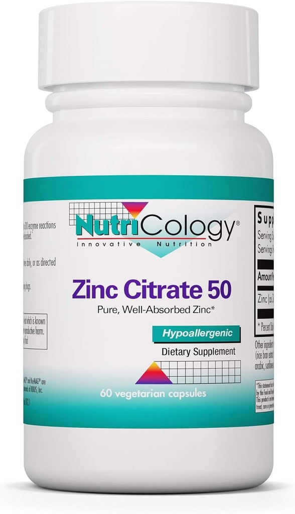Nutrikologi Sink Citrate Supplement - Sink for menn og kvinner, immun støtte, ren, velovertruffen, veltolerert, spor Mineral, 50mg vegetariske kapsler - 60 Count