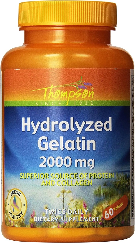 Thompson Hydrolysert Gelatin 2000mg | Bovine-kildet protein & kollagen for sunne celler og negler støtte | Forbedret absorpsjon | 60 tabletter | Pakke med 2